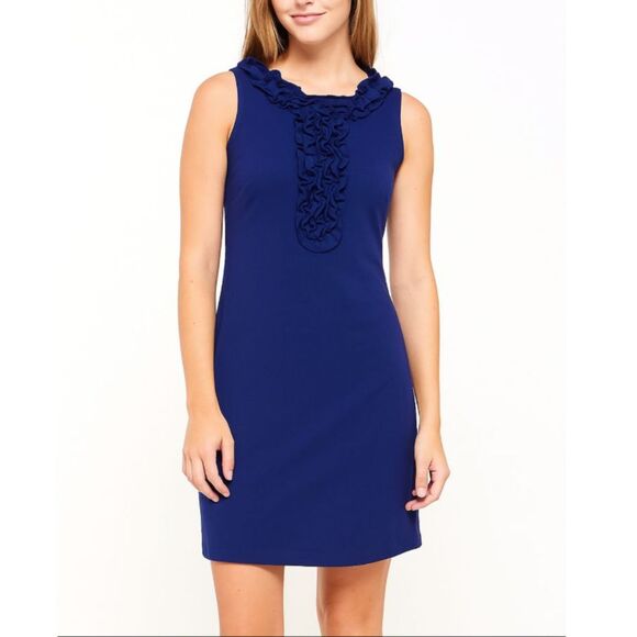 Trina Turk Cobalt Blue Ruffle Front Sleeveless Knee Length Sheath Dress Size 0 - Picture 1 of 13